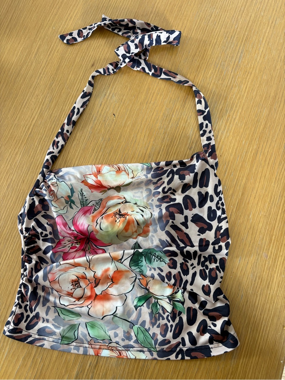 Floral & Leopard Print Halter Crop Top - Pink, Orange, Green